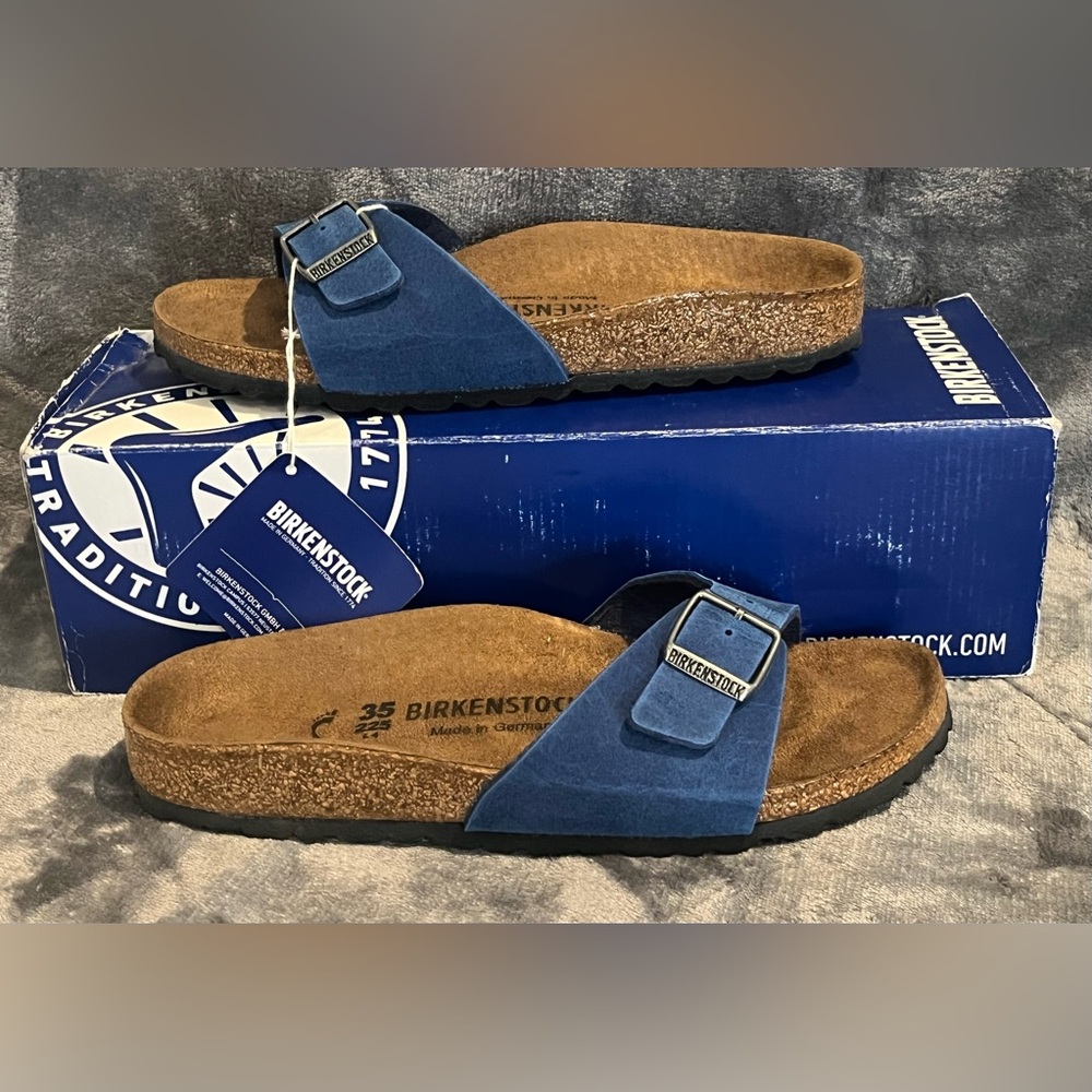 Birkenstock Blue Single-Strap Slide Sandals size 35 Narrow new in box